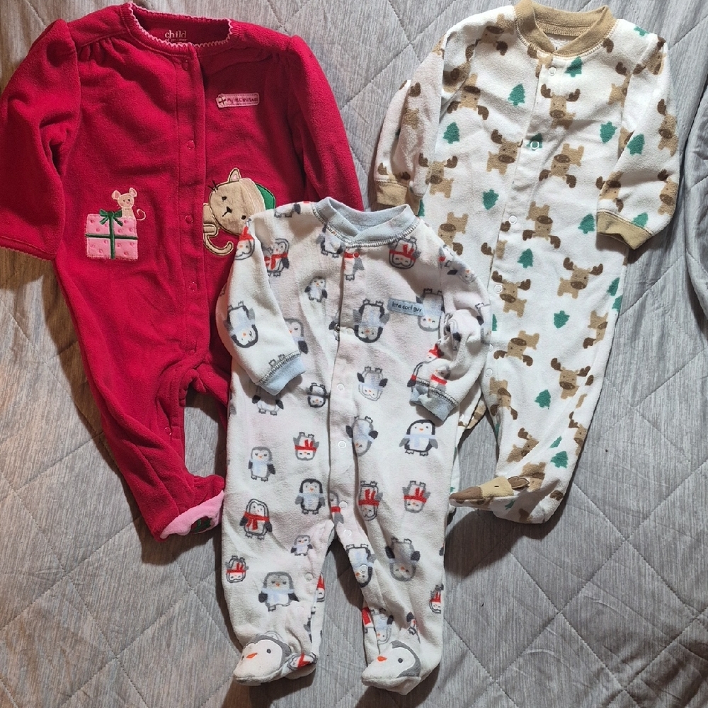 3pc 3-6m Kids Child of Mine By Carters Footies - Penguins, Deer, Cat